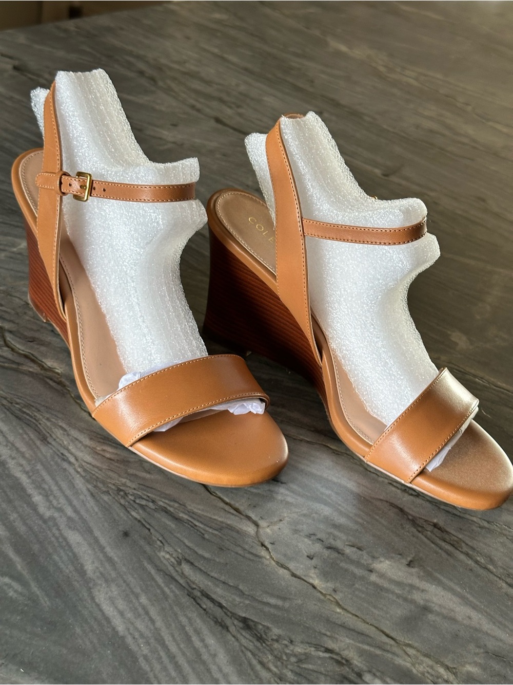 Cole Haan Tan Leather Strap Sandals with Gold Buckle - Picture 2 of 7